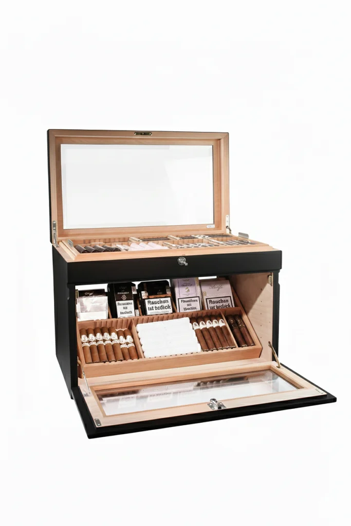 Cave à cigares Adorini Portico Deluxe noire pouvant contenir 400 cigares, au design compact et moderne